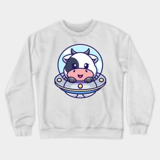 Cute cow flying with spaceship ufo cartoon Crewneck Sweatshirt